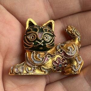 Cloisonné Gold and Green Colorful Mini Cat “Good Fortune” Figurine